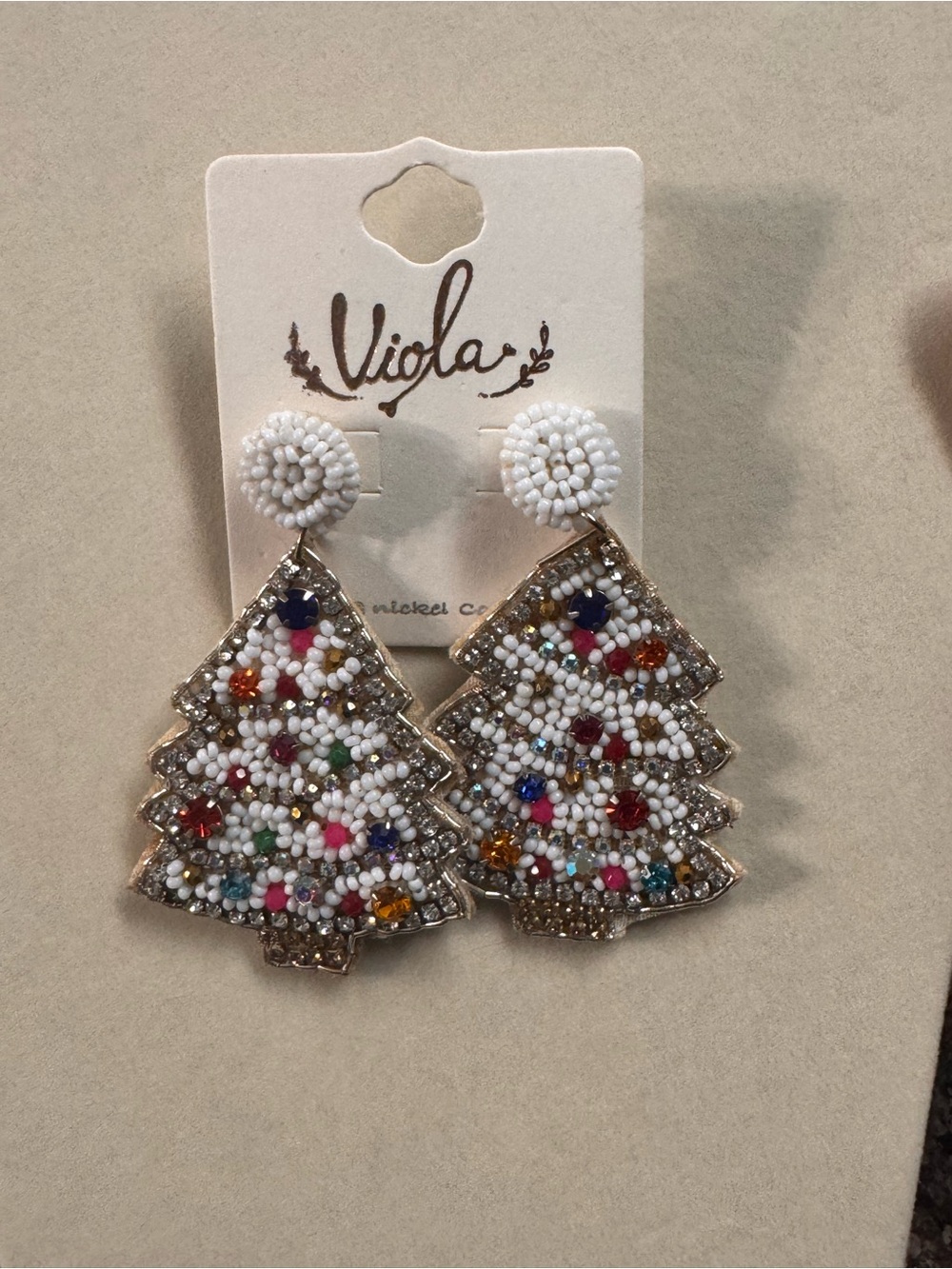 White Beaded Christmas Tree Drop Earrings